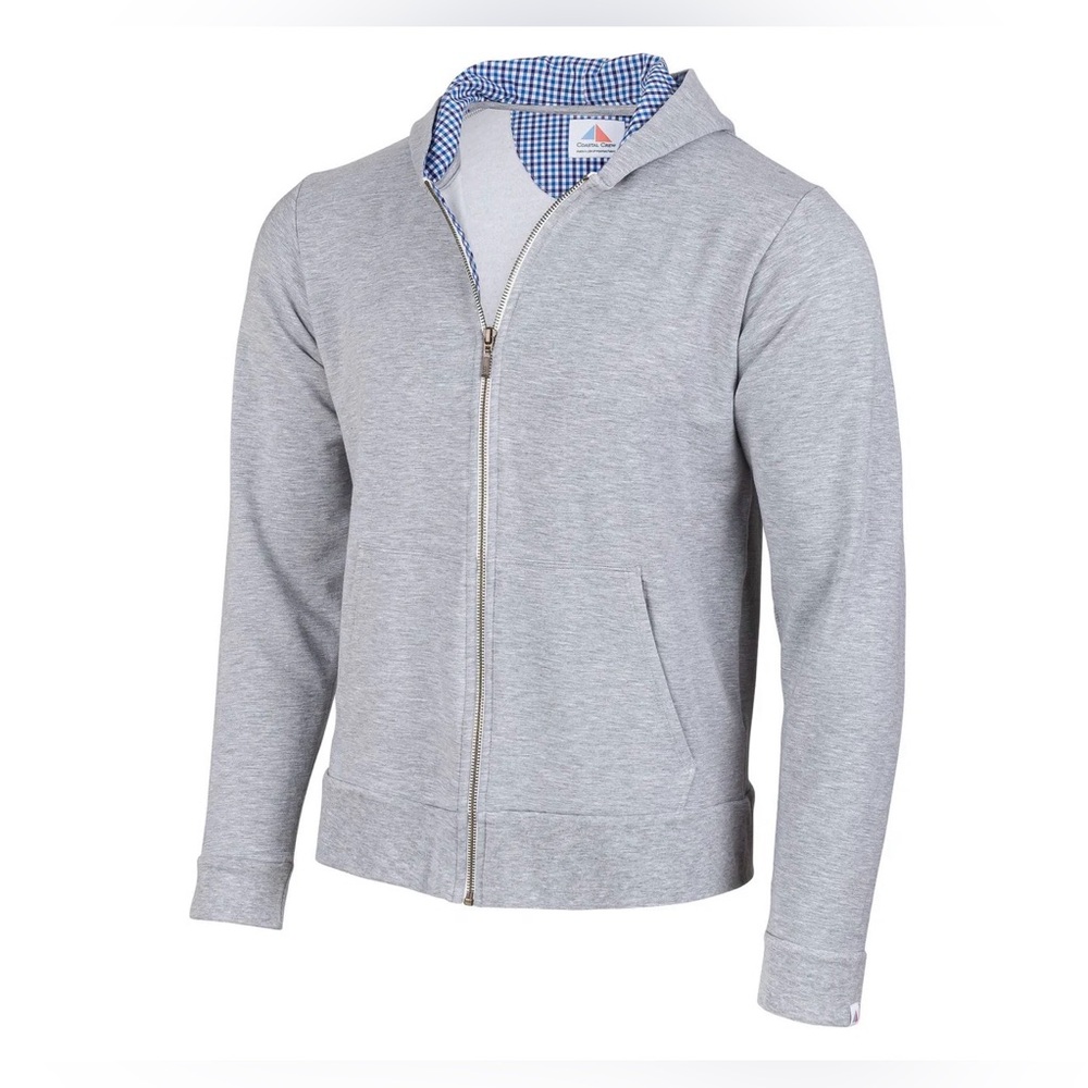 Coastal Crew Nantucket Light Gray Full Zip Deckhand Hoodie Gingham Accents Sz L